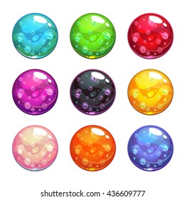 Vector colorful glassy magic balls set, isolated on white background, cartoon fantasy game assets