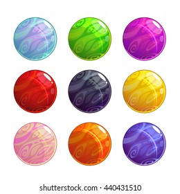 Vector colorful glassy magic balls set, isolated on white background, cartoon fantasy game assets