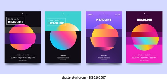 Vector colorful glitch poster set. Circle shape with modern Tv distortion effect. Abstract geometric background with vhs glitch effect. Applicable for banner design, cover, invitation, party flyer.