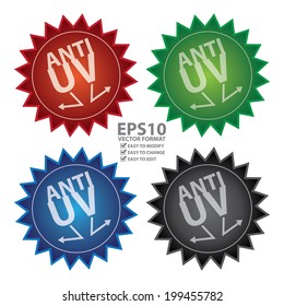 Vector : Colorful Glossy Style Anti UV Icon, Sticker, Badge or Label Isolated on White Background