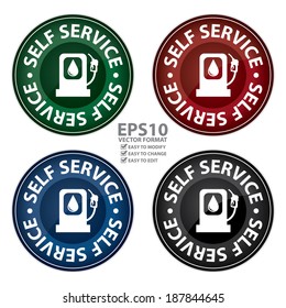 Vector : Colorful Glossy Style Circle Self Service Gasoline Station Icon, Button, Sticker or Label Isolated on White Background 