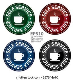 Vector : Colorful Glossy Style Circle Self Service Coffee or Drink Station Icon, Button, Sticker or Label Isolated on White Background 