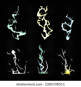 Vector colorful glow rays with sparks  Lightnings, blue thunderbolts, electric strikes isolated on black background. Sparking discharges effect or magic neon light flares, vector cartoon illustration
