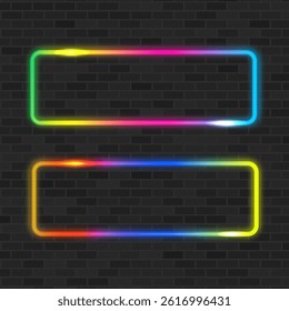 Vector colorful glowing frame. Neon lamp on black background. Bright retro light symbol. Emblem for club or bar. Light arrow banner. Decoration on wall and template covering.