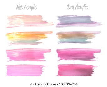 Vector colorful gold paint smear stroke stain set. Abstract glittering textured art illustration. Acrylic Texture Paint Stain Illustration. Hand drawn brush strokes vector elements. Acrilyc strokes.