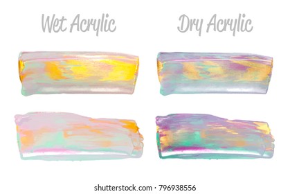 Vector colorful gold paint smear stroke stain set. Abstract glittering textured art illustration. Acrylic Texture Paint Stain Illustration. Hand drawn brush strokes vector elements. Acrilyc strokes.