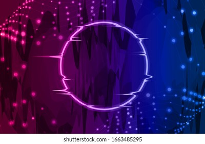 Vector colorful gradient abstract background, wave shapes on the background and neon glitched circle, shinings swirls, technology cyberpunk graphic backdrop.