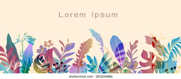 Vector colorful gradient botanic horizontal background with space for text. Tropical branch template for websites, event invitations, greeting cards, banners, design with flat style.