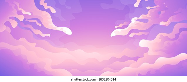 Vector colorful gradient illustration of pink sky with clouds.