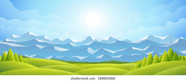 Vector colorful gradient widescreen landscape illustration. Hills and mountains view.