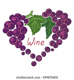 Vector colorful grape vine logo design template. Concept for organic products, harvest, healthy food, wine list, menu.  The shape of the heart. Logo for wine. Grape bunches