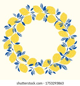 Vector colorful graphic lemon summer wreath. Modern vibrant design. Hand drawn cozy illustration. Hand drawn citrus fruit design with leaf on cream colored background.