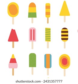 Vector colorful graphics ice creams, cakes and summer fruits illustration