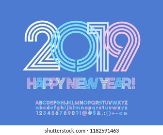 Vector Colorful Greeting Card 2019 Happy New Year. Modern Alphabet Letters, Numbers and Symbols