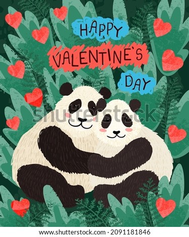 Vector colorful greeting card with cute illustration of panda couple in love. Flyers, invitation, poster, brochure, banner. Happy Valentines Day