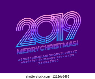 Vector colorful Greeting Card with gradient text Merry Christmas 2019. Rotated Alphabet Letters and Numbers. Bright Glossy Font.