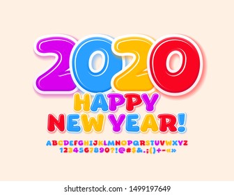 Vector colorful greeting card Happy New Year 2020. Uppercase Creative Font. Bright Alphabet Letters and Numbers