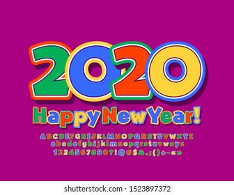 Vector colorful greeting card Happy New Year 2020! Trendy bright Font. Alphabet Letters, Numbers and Symbols for Kids