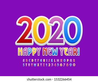 Vector Colorful Greeting Card Happy New Year 2020! Bright Kids Font. Colorful Alphabet Set