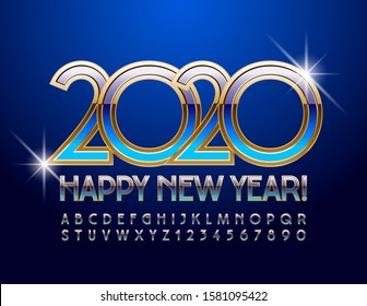 Vector colorful Greeting Card Happy New Year 2020. Luxury Alphabet Letters and Numbers. Glossy Blue and Golden Font. 