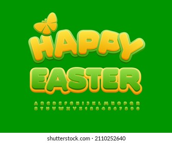 Vector colorful Greeting Card Happy Easter. Cute Green and Yellow Font. Creative Alphabet Letters and Numbers for Kids