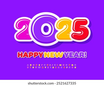 Vector colorful Greeting Card Happy New Year 2025! Bright Creative Font. Glossy Alphabet Letters and Numbers set. 