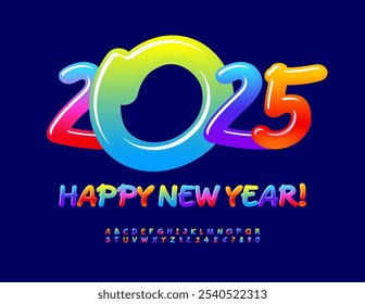 Vector colorful Greeting Card Happy New Year 2025! Bright Sweet Font. Glossy Alphabet Letters and Numbers set. 