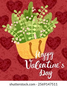 Vector Colorful Greeting Card with Illustration of Bouquet in Basket Bag and Handwriting Lettering - Happy Valentine's day