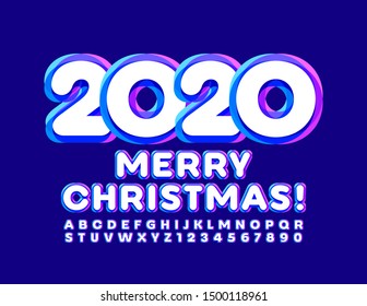 Vector colorful Greeting Card Merry Christmas with artistic Uppercase Font. Creative trendy Alphabet Letters and Numbers.
