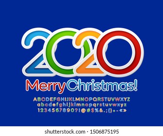 Vector colorful Greeting Card Merry Christmas 2020 for Children. Bright Alphabet Letters and Numbers. Creative Font.