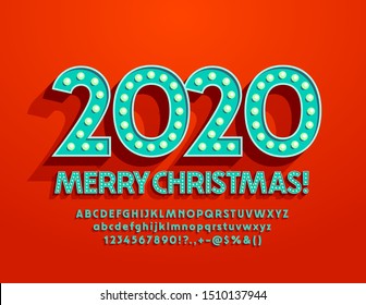 Vector colorful Greeting Card Merry Christmas 2020. Electric lamp Font in Vintage Style. Bright creative Alphabet. 