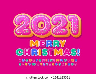 Vector colorful greeting card Merry Christmas 2021 with Sweet Donuts. Bright happy Font. Cute Alphabet Letters and Numbers set