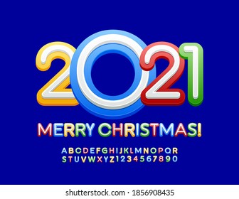 Vector colorful greeting card Merry Christmas 2021! Bright modern Font. Kids style Alphabet Letters and Numbers set