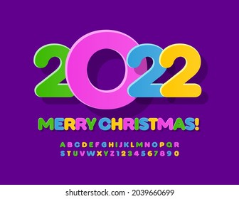 Vector colorful Greeting Card Merry Christmas 2022 for Children. Uppercase Creative Font. Bright Alphabet Letters and Numbers. 