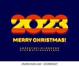 Vector colorful Greeting Card Merry Christmas 2023 with Spanish Flag. Artistic 3D Font. Modern Alphabet Letters and Numbers set