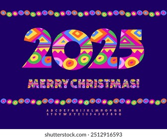 Vector colorful Greeting Gard Merry Christmas 2025! African style Bright Pattern Font. Modern Artistic Alphabet Letters and Numbers set. 