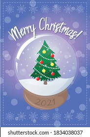 Vector colorful greeting postcard with text. Cartoon Christmas tree in souvenir globe, with snowflakes inside