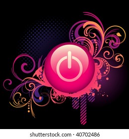 Vector. Colorful grunge background with glossy power button. No transparencies, only gradients used