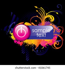 Vector. Colorful grunge background with glossy power button. No transparencies, only gradients used