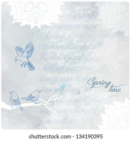 vector colorful grunge background with hand drawn lace flowers and birds. romantic of nature. spring or summer theme