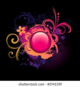 Vector. Colorful grunge background with pink glossy button. No transparencies, only gradients used