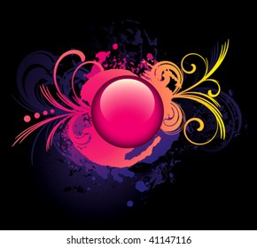 Vector. Colorful grunge background with pink glossy button. No transparencies, only gradients used