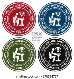 Vector : Colorful Grunge Style Free Wifi Hotspot Icon, Badge, Label or Sticker for Business or Computer, Internet or Technology Concept Isolated on White Background 