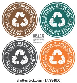 Vector : Colorful Grunge Style Recycle Paper, Glass, Metal and Plastic Only Icon, Badge, Label or Sticker for Waste Segregation, Conservation or Recycle Concept Isolated on White Background 