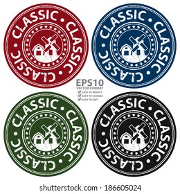 Vector : Colorful Grungy Style Classic Icon, Label or Sticker Isolated on White Background 