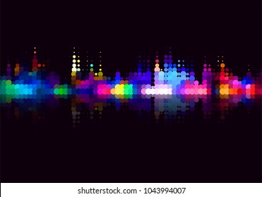 Vector colorful halftone dots background. Flat, decorative design of cityscape view at night.