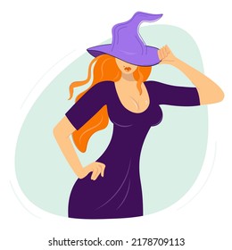 Vector colorful Halloween illustration with witch girl. The lady in a free position hides under the brim of her hat. Orange and purple colors. Design for holiday decoration, cards, posters, stickers.