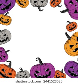 Vector Colorful Halloween Pumpkins Frame Template Isolated on White Background Vintage Style Scary Halloween pumpkins Collection with creepy face expressions Happy Halloween Trick or Treat
