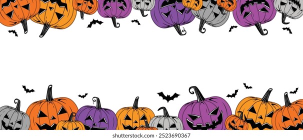 Vector Colorful Halloween Pumpkins Frame Template Isolated on White Background Vintage Style Scary Halloween pumpkins Collection with creepy face expressions Happy Halloween Trick or Treat