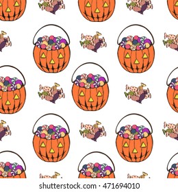 Vector colorful Halloween seamless pattern with candies bag and candy